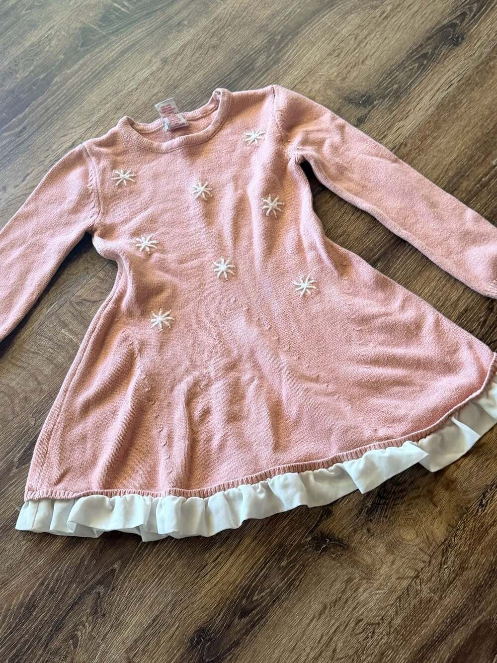 Tahari Girls Pink Long Sleeve Knit Sweater Dress with Snowflake Embroidery